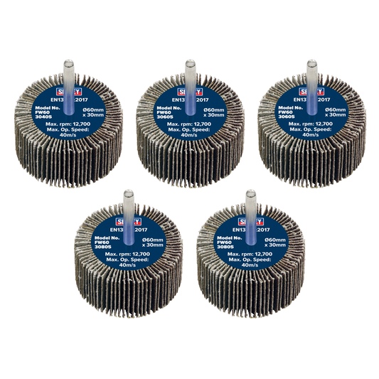 Sealey FW6030ASS 60 x 30mm Abrasive Flap Wheel on 6mm Shaft Assorted Grit - Pack of 5