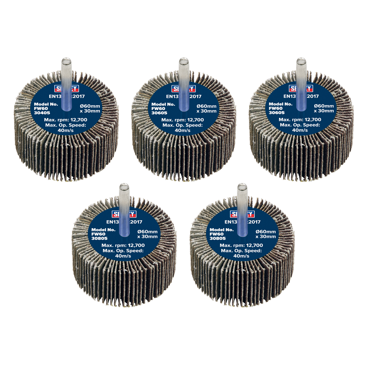 Sealey FW6030ASS 60 x 30mm Abrasive Flap Wheel on 6mm Shaft Assorted Grit - Pack of 5