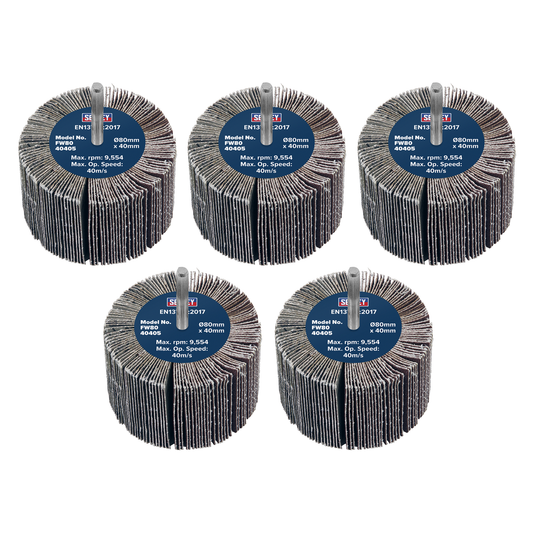 Sealey FW8040405 80 x 40mm Abrasive Flap Wheel with 6mm Shaft 40Grit - Pack of 5