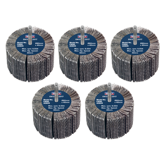 Sealey FW8040805 80 x 40mm Abrasive Flap Wheel with 6mm Shaft 80Grit - Pack of 5