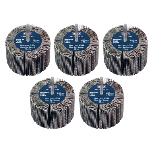 Sealey FW8040ASS 80 x 40mm Abrasive Flap Wheel on 6mm Shaft Assorted Grit - Pack of 5