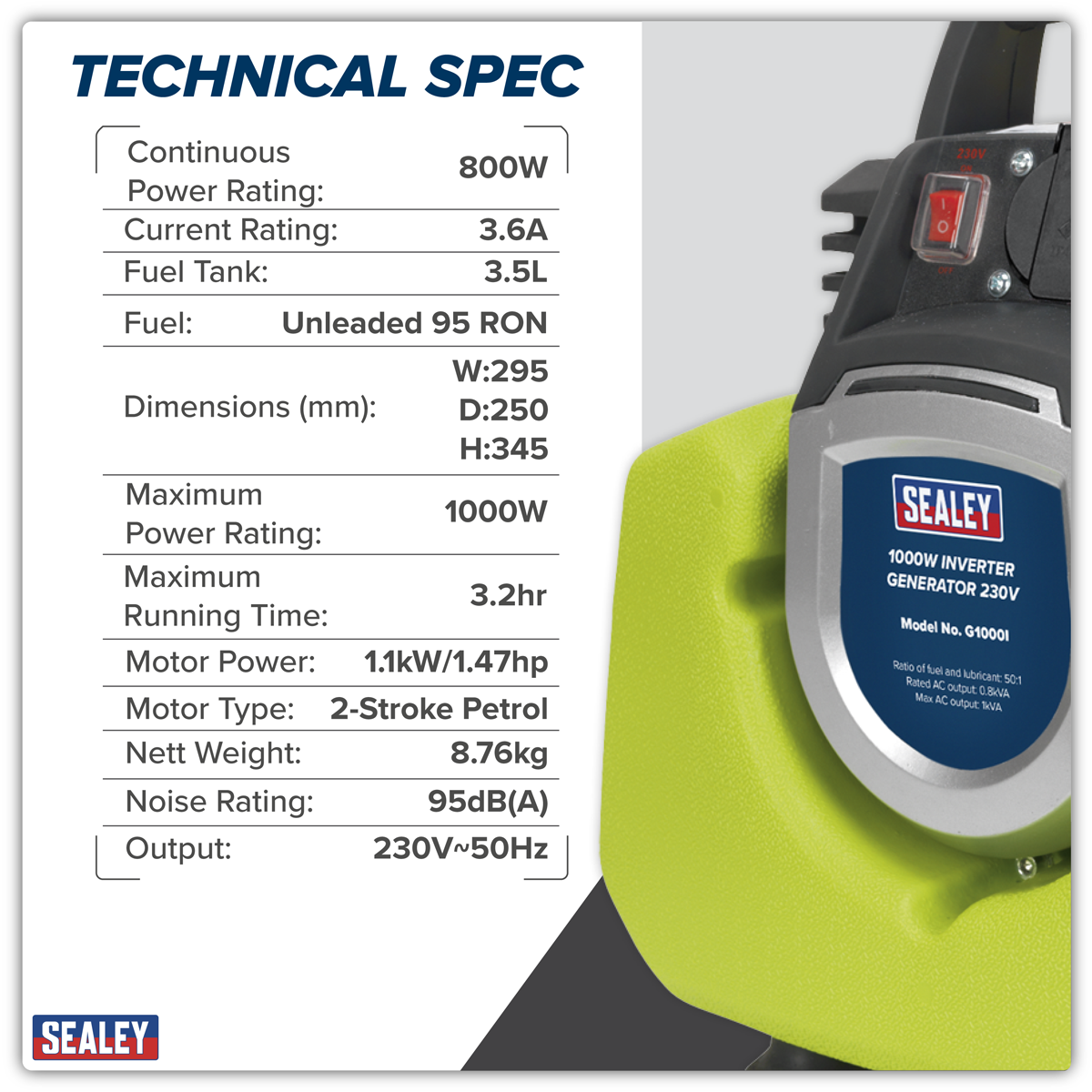 Sealey G1000I 1000W Inverter Generator 2-Stroke Engine 230V