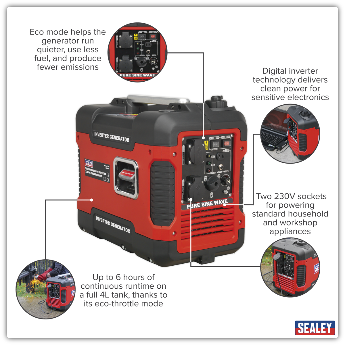 Sealey G2000I 2000W Inverter Generator 4-Stroke Engine 230V