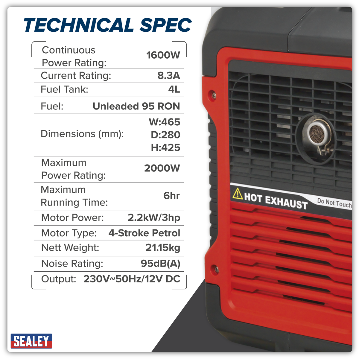Sealey G2000I 2000W Inverter Generator 4-Stroke Engine 230V