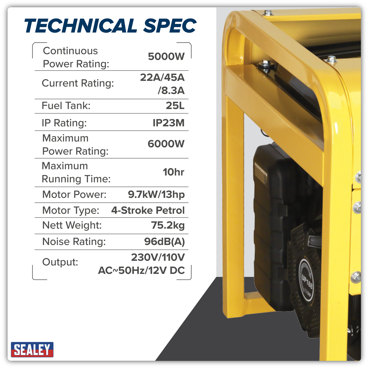 Sealey GG7500 6000W Generator 13hp 4-Stroke Engine 110/230V