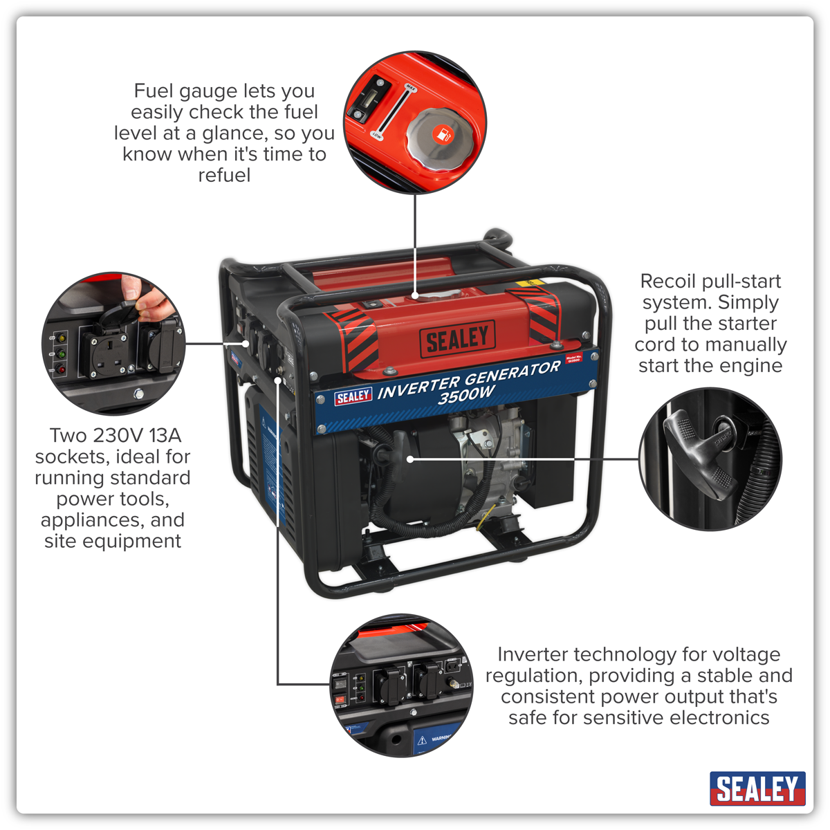 Sealey GI3500 3500W Inverter Generator 4-Stroke Engine 230V