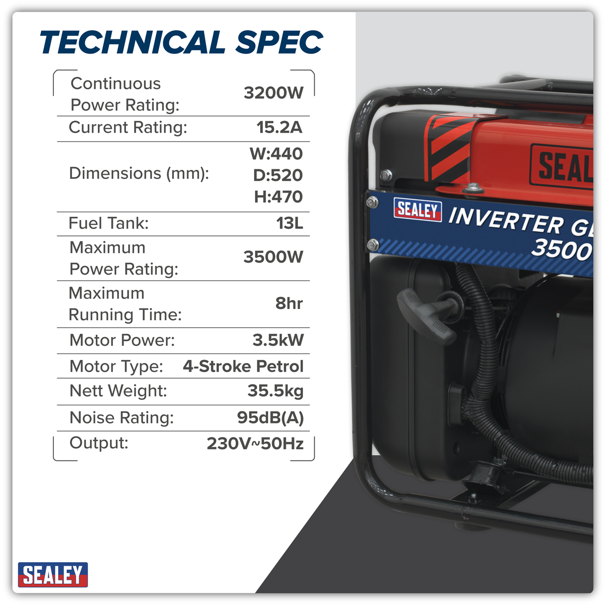 Sealey GI3500 3500W Inverter Generator 4-Stroke Engine 230V