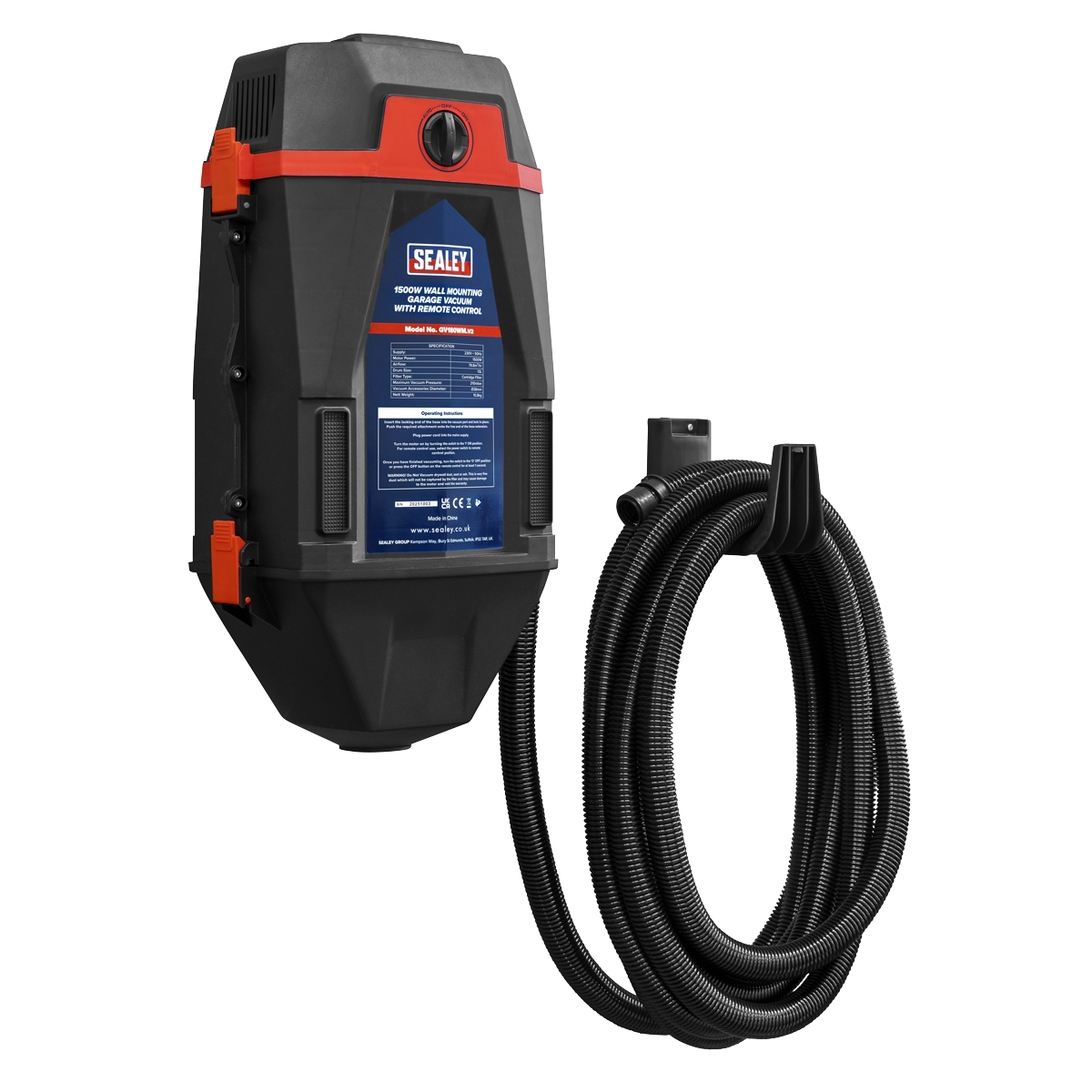 Sealey GV180WM Wall Mounting Garage Vacuum with Remote Control 1200W/230V