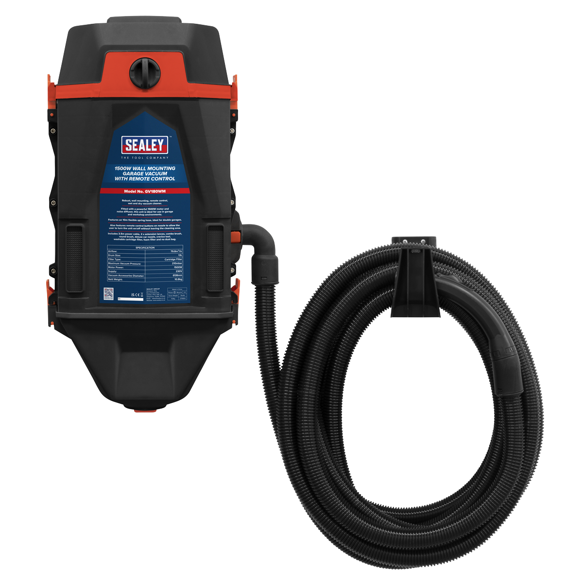 Sealey GV180WM Wall Mounting Garage Vacuum with Remote Control 1200W/230V