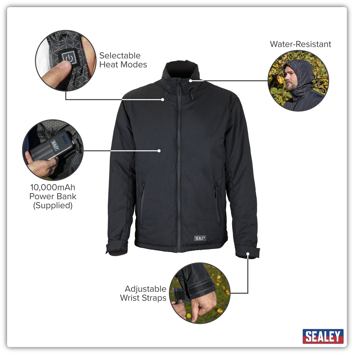 Sealey HJ03KIT 5V Heated Rain Jacket with Power Bank 10Ah - Large