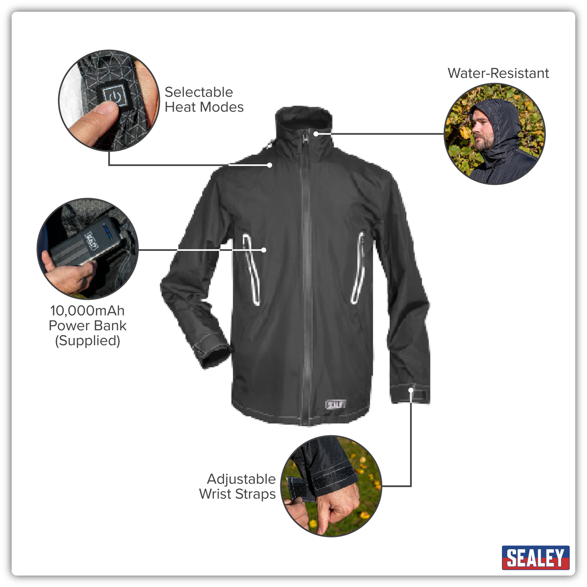 Sealey HJ06KIT 5V Heated Rain Jacket with Power Bank 20Ah - Medium