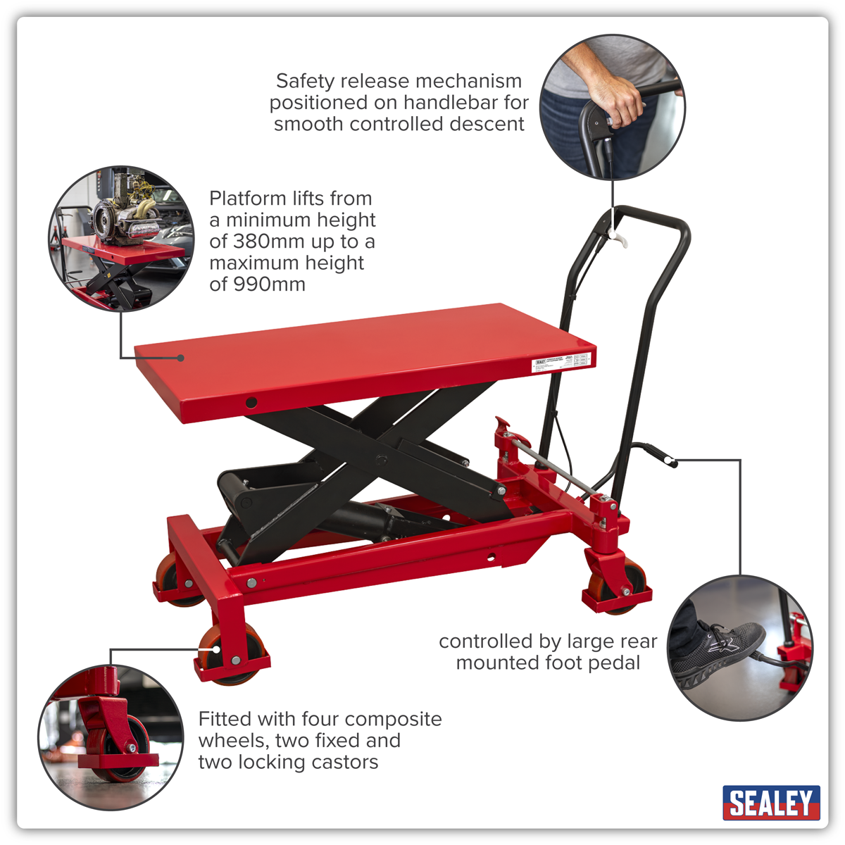 Sealey HPT1000 Hydraulic Scissor Lift Platform Table 1000kg Capacity