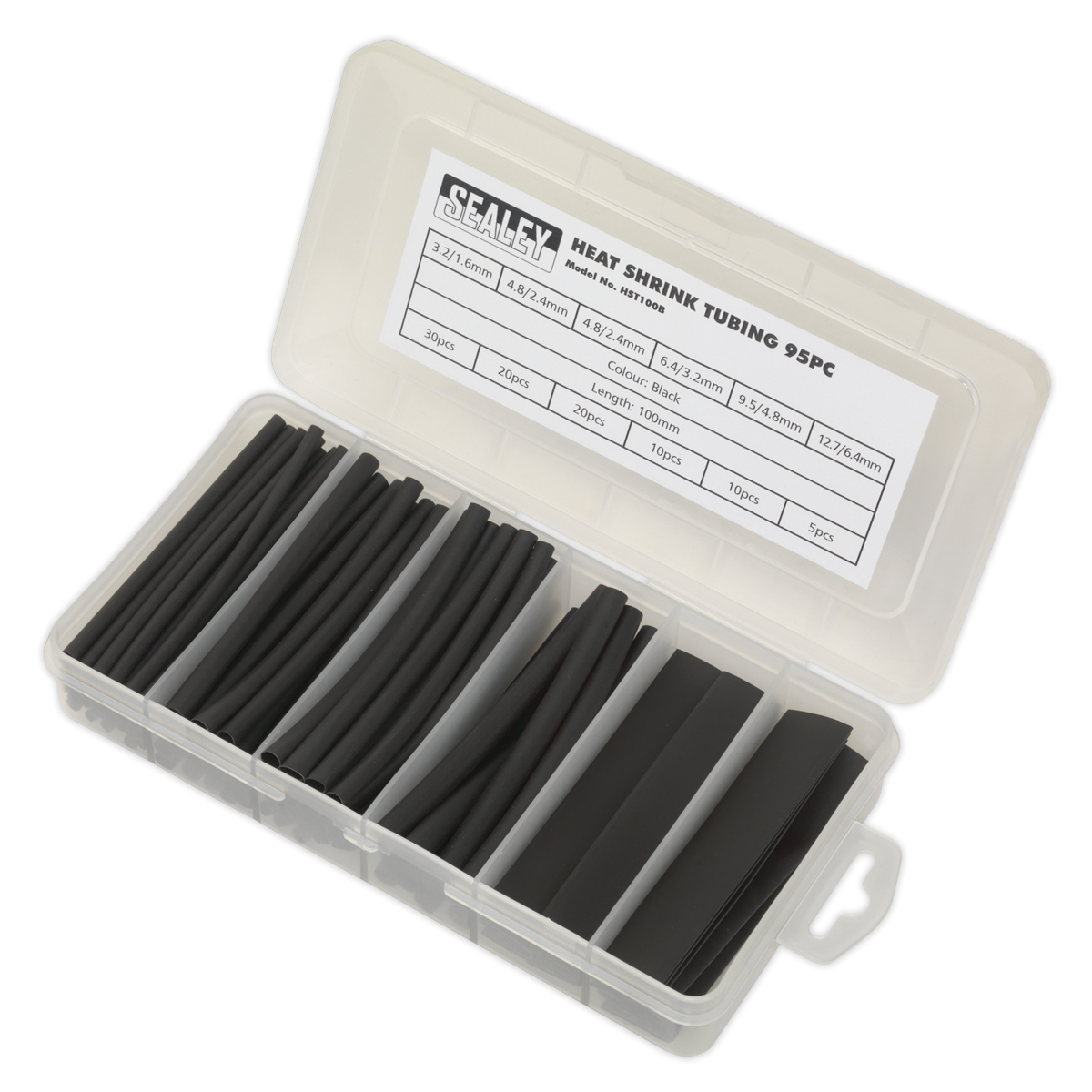 Sealey HST100B Heat Shrink Tubing Assortment 100mm 95pc - Black
