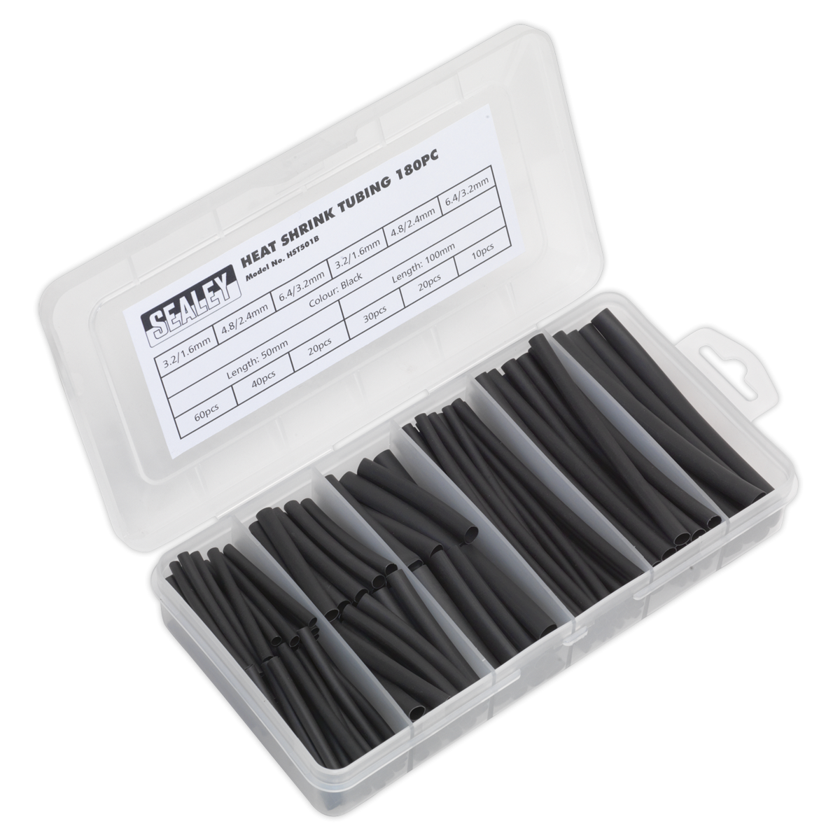 Sealey HST501B Heat Shrink Tubing Assortment 50 & 100mm 180pc - Black