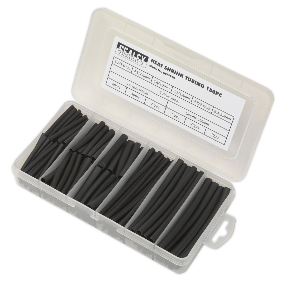 Sealey HST501B Heat Shrink Tubing Assortment 50 & 100mm 180pc - Black