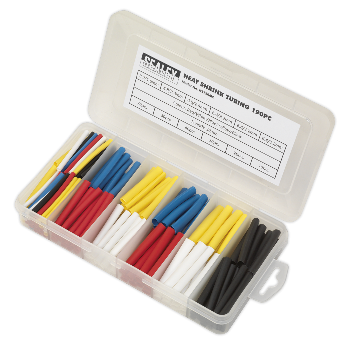 Sealey HST50MC Heat Shrink Tubing Assortment 50mm 190pc - Mixed Colours