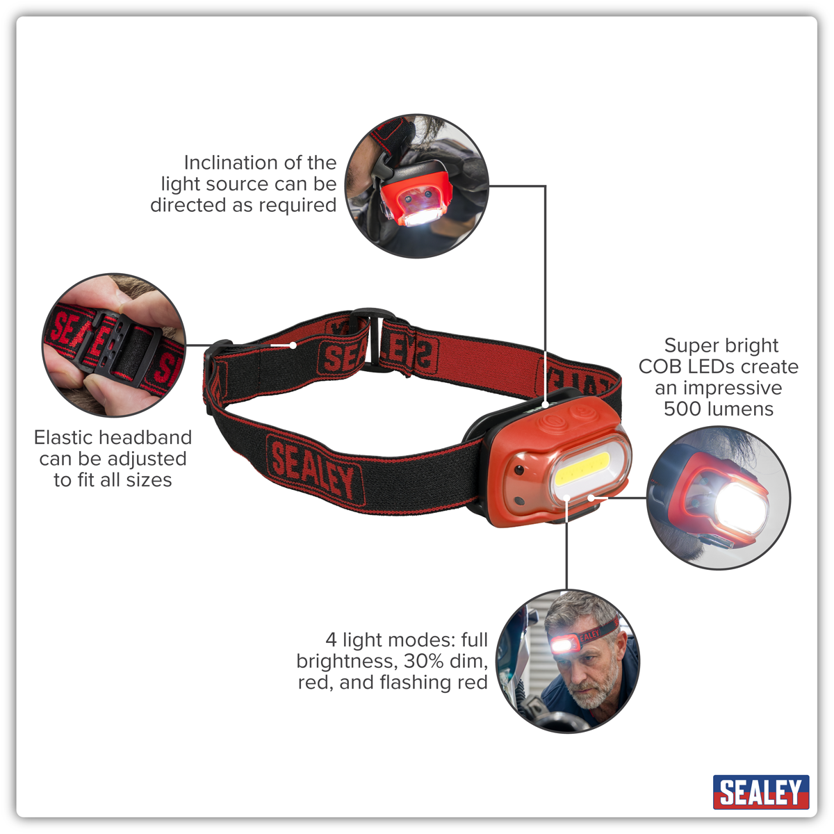 Sealey HT08RR Rechargeable Head Torch with Auto-Sensor 8W COB LED - Red