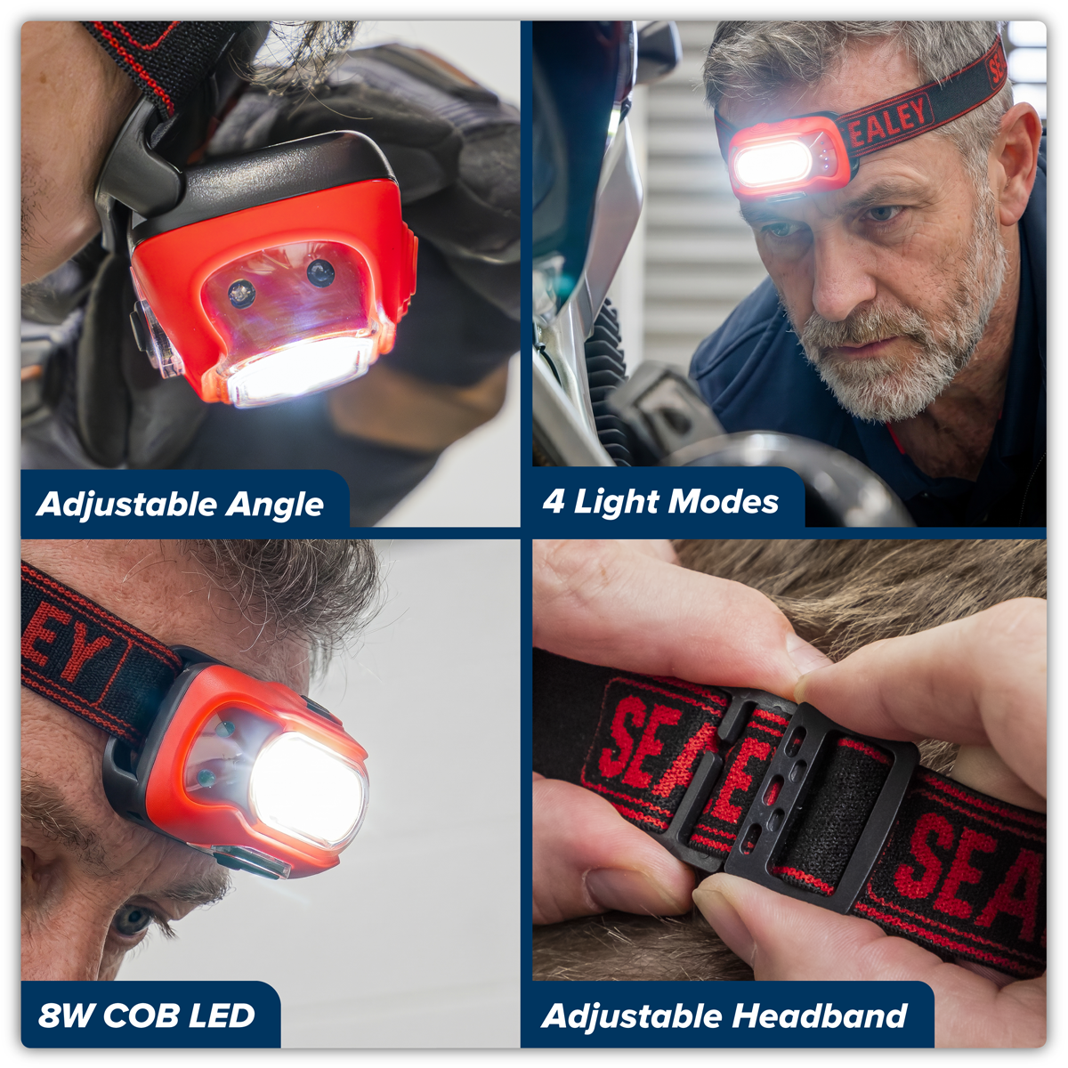 Sealey HT08RR Rechargeable Head Torch with Auto-Sensor 8W COB LED - Red