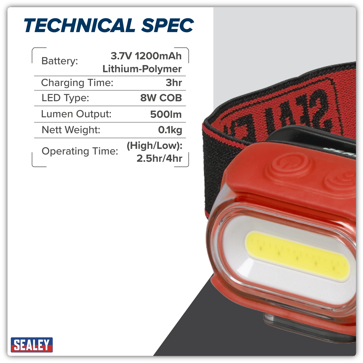 Sealey HT08RR Rechargeable Head Torch with Auto-Sensor 8W COB LED - Red