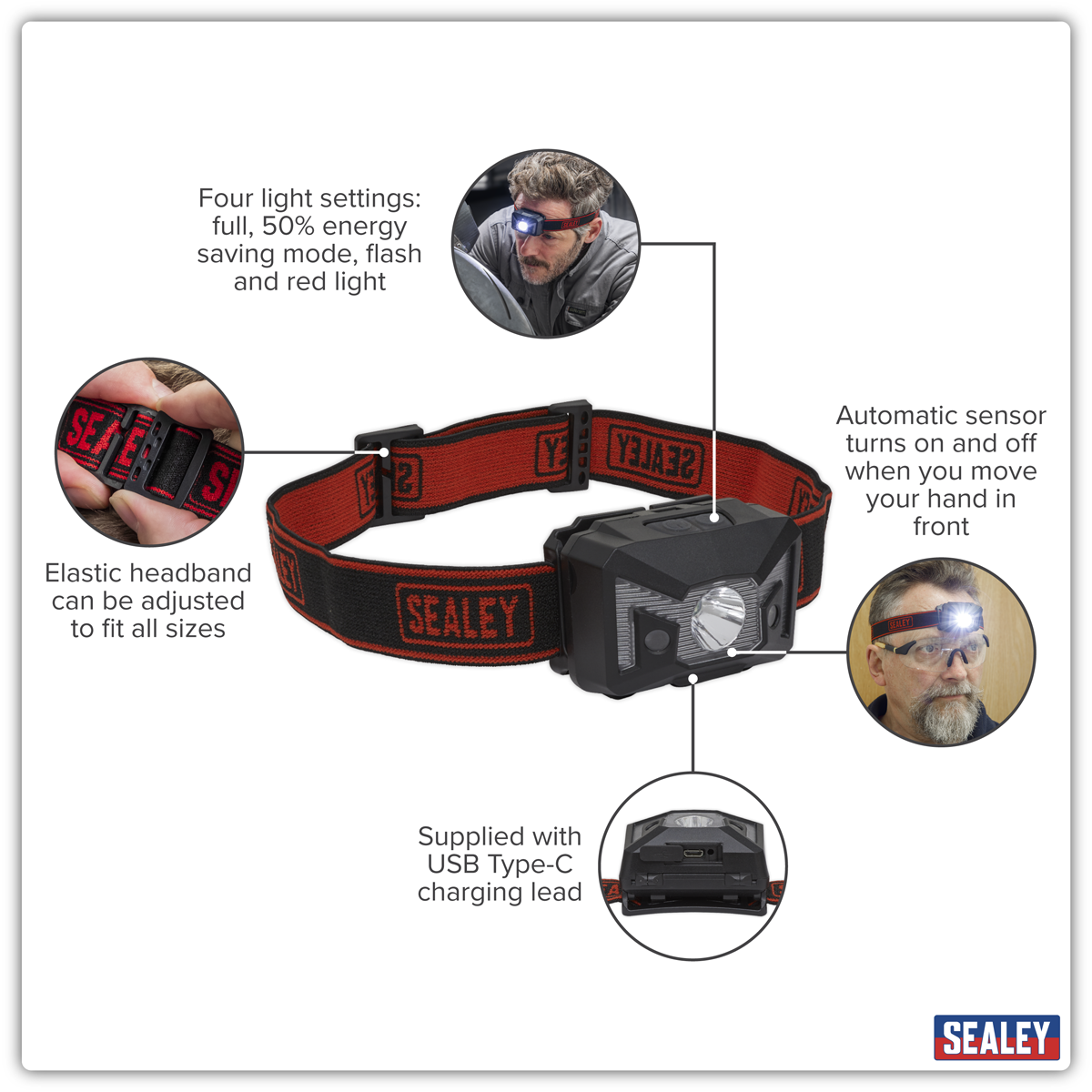 Sealey HT102R Rechargeable Head Torch with Auto-Sensor 3W SMD LED