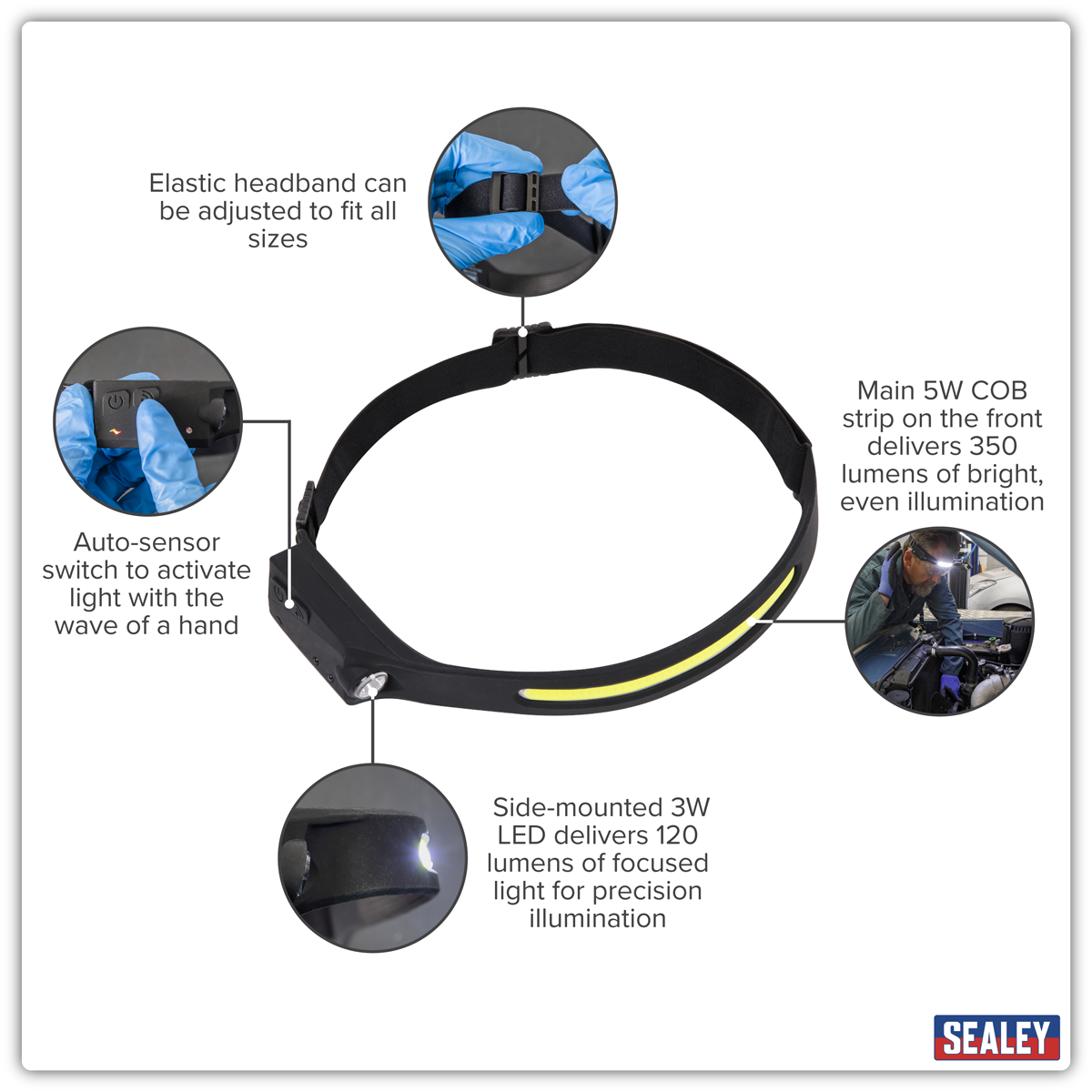 Sealey HT104R Rechargeable Head Torch with Auto-Sensor 5W COB & 3W LED