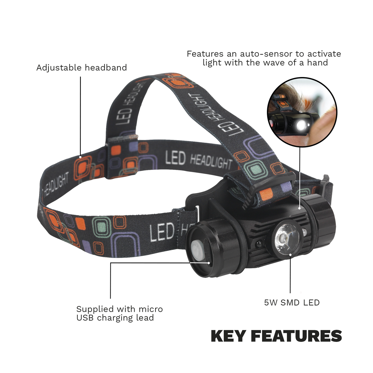 Sealey HT108LED Rechargeable Head Torch with Auto-Sensor 5W SMD LED
