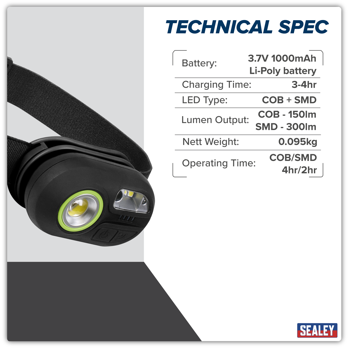 Sealey HT300R Rechargeable Headlight with Auto-Sensor 3W COB & 1W SMD LED