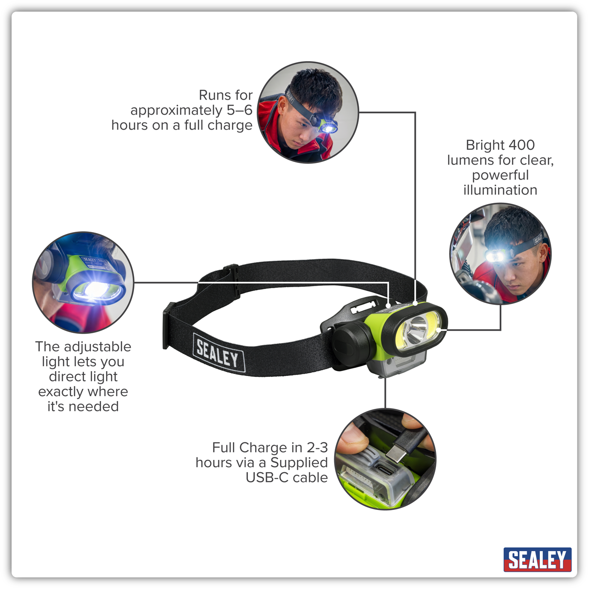 Sealey HT400LED Rechargeable Head Torch with Auto-Sensor 5W & 3W COB LED