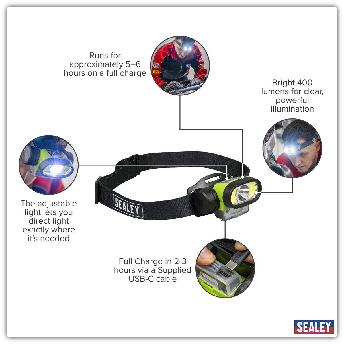 Sealey HT400LED Rechargeable Head Torch with Auto-Sensor 5W & 3W COB LED