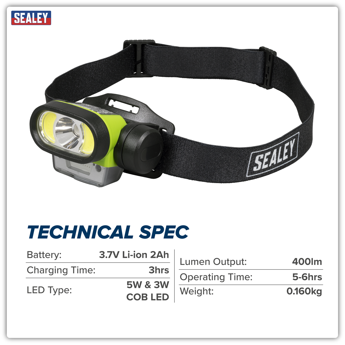 Sealey HT400LED Rechargeable Head Torch with Auto-Sensor 5W & 3W COB LED