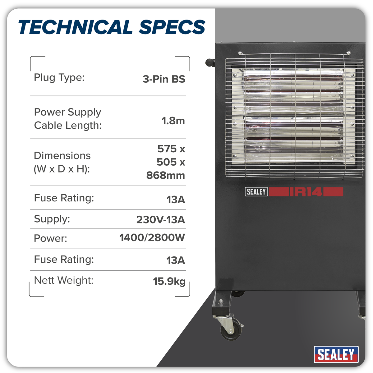 Sealey IR14 Infrared Cabinet Heater 1.4/2.8kW 230V