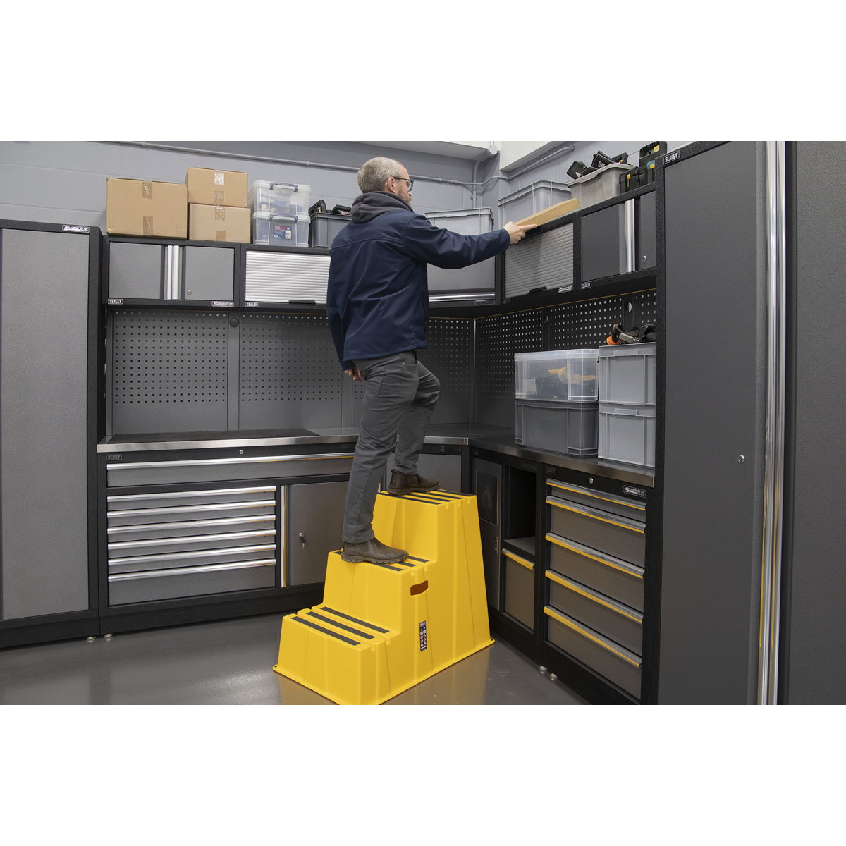 Sealey KS7 Heavy-Duty 3-Step Safety Steps with Anti-Slip Treads 150kg Capacity, Yellow - EN 14183