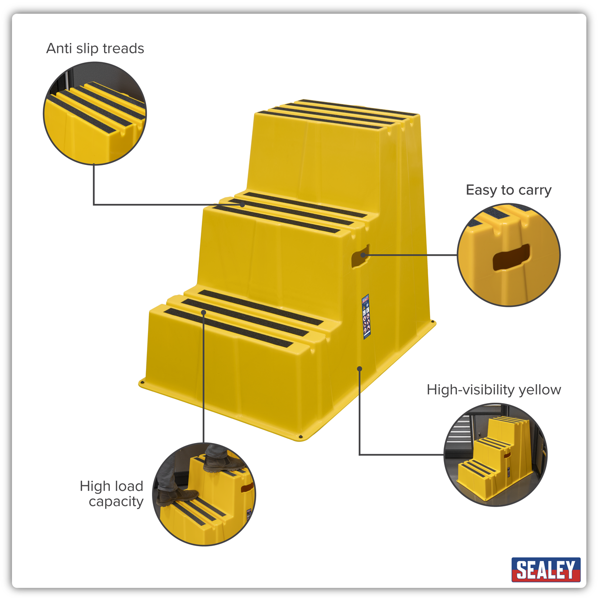 Sealey KS7 Heavy-Duty 3-Step Safety Steps with Anti-Slip Treads 150kg Capacity, Yellow - EN 14183