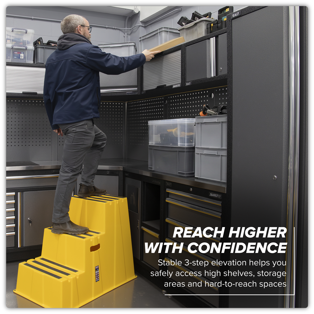 Sealey KS7 Heavy-Duty 3-Step Safety Steps with Anti-Slip Treads 150kg Capacity, Yellow - EN 14183