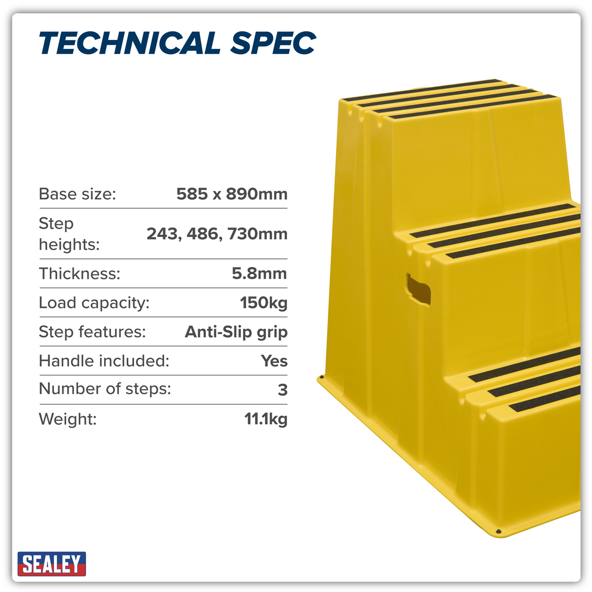 Sealey KS7 Heavy-Duty 3-Step Safety Steps with Anti-Slip Treads 150kg Capacity, Yellow - EN 14183