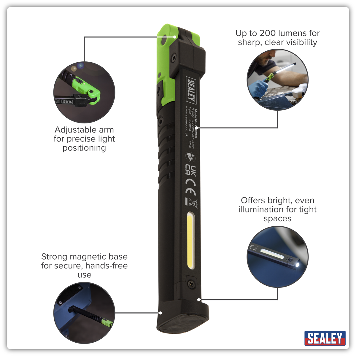 Sealey LED01G Rechargeable Slim Folding Pocket Light 2 COB & 1 SMD LED - Green