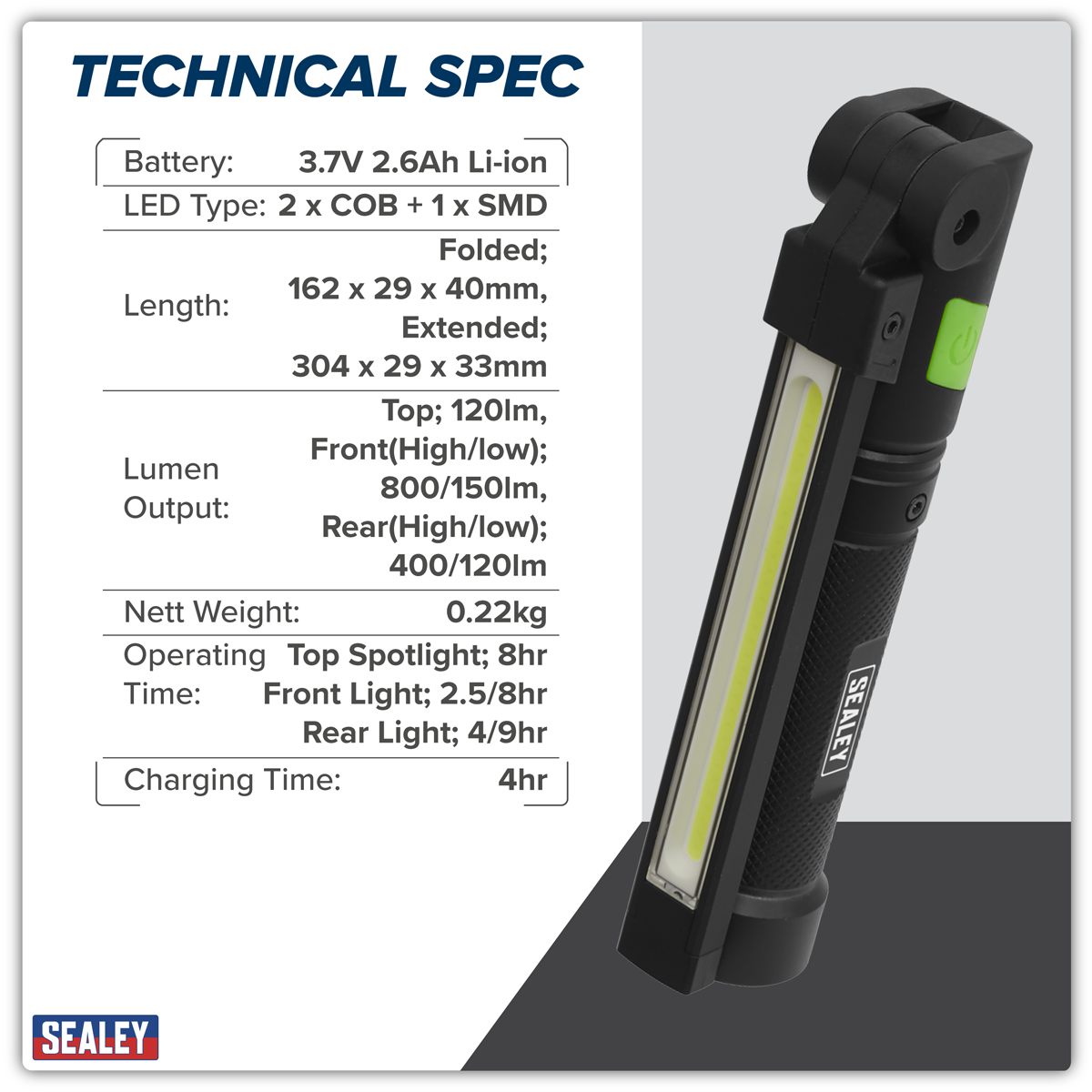 Sealey LED02G Rechargeable Aluminium Folding Pocket Light 2 COB & 1 SMD LED