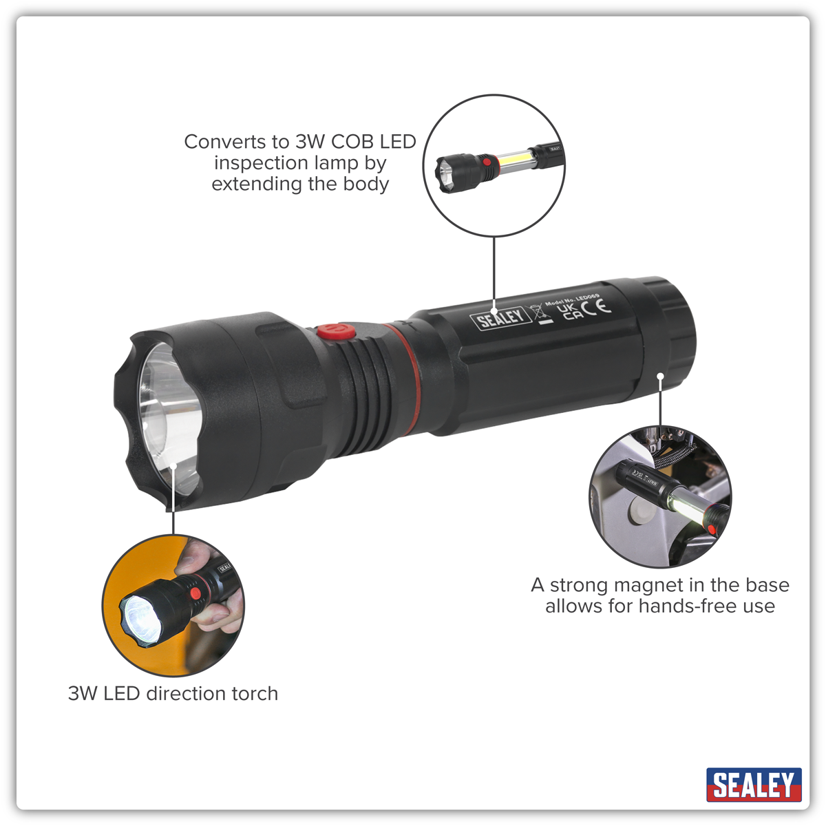 Sealey LED069 Torch/Inspection Light 3W COB & 3W LED