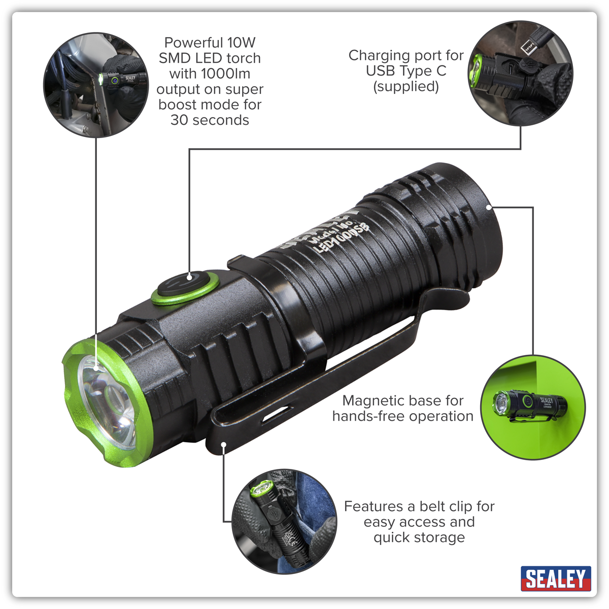 Sealey LED1000SB Rechargeable Super Beam Pocket Light 10W SMD LED