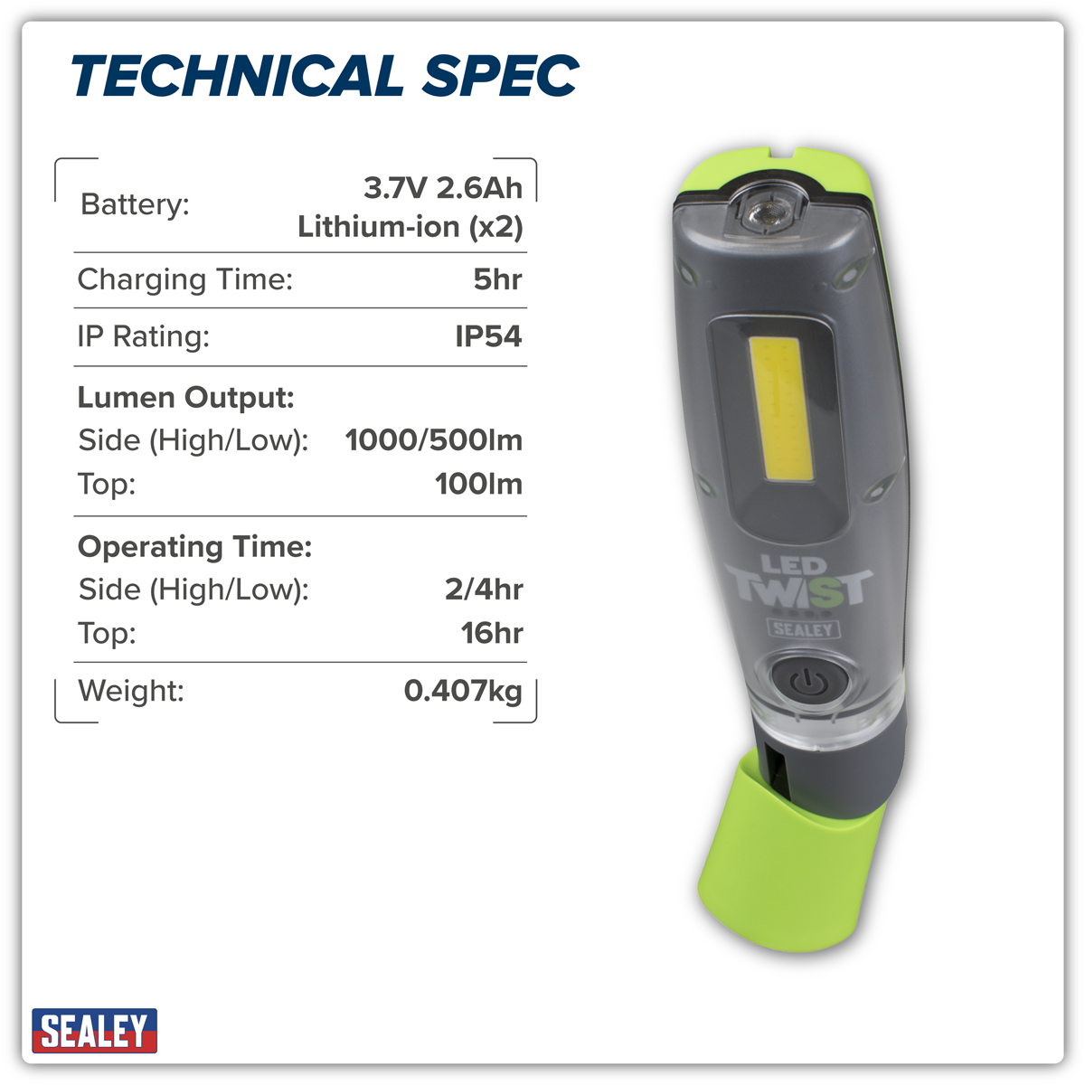 Sealey LED1001G LED Twist® Rechargeable Inspection Light 8W COB & 1W SMD