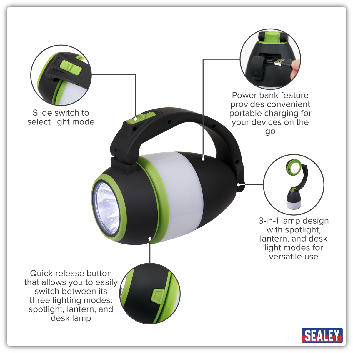 Sealey LED140 Rechargeable 3-in-1 Spotlight 3W SMD LED