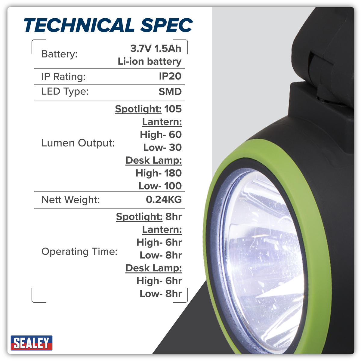 Sealey LED140 Rechargeable 3-in-1 Spotlight 3W SMD LED