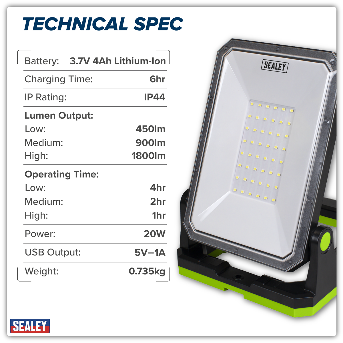 Sealey LED1800PB Rechargeable Portable Floodlight & Power Bank 20W SMD LED
