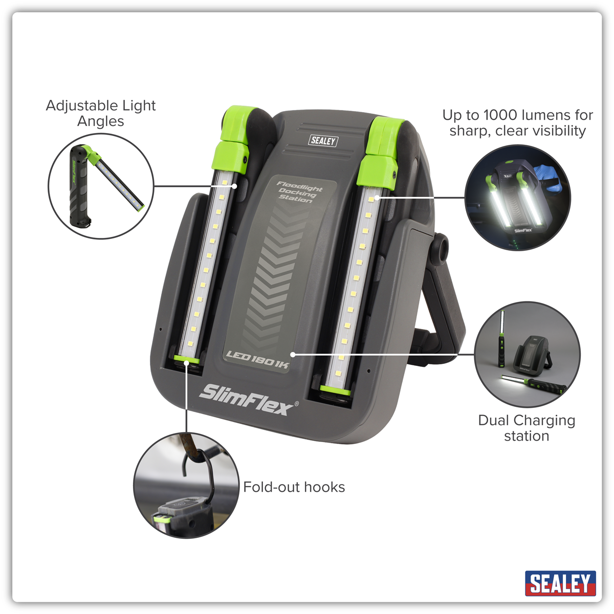 Sealey LED1801K Rechargeable Floodlight/Folding Inspection Light Docking Station Kit