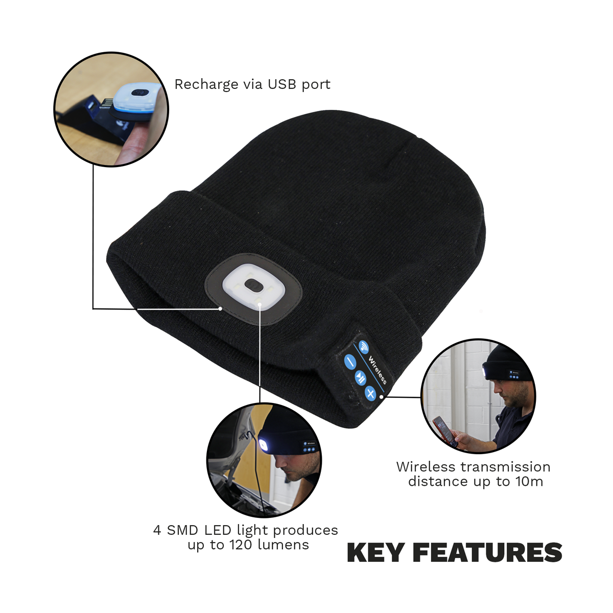 Sealey LED185W Rechargeable USB Beanie Hat with Wireless Headphones 1W SMD LED