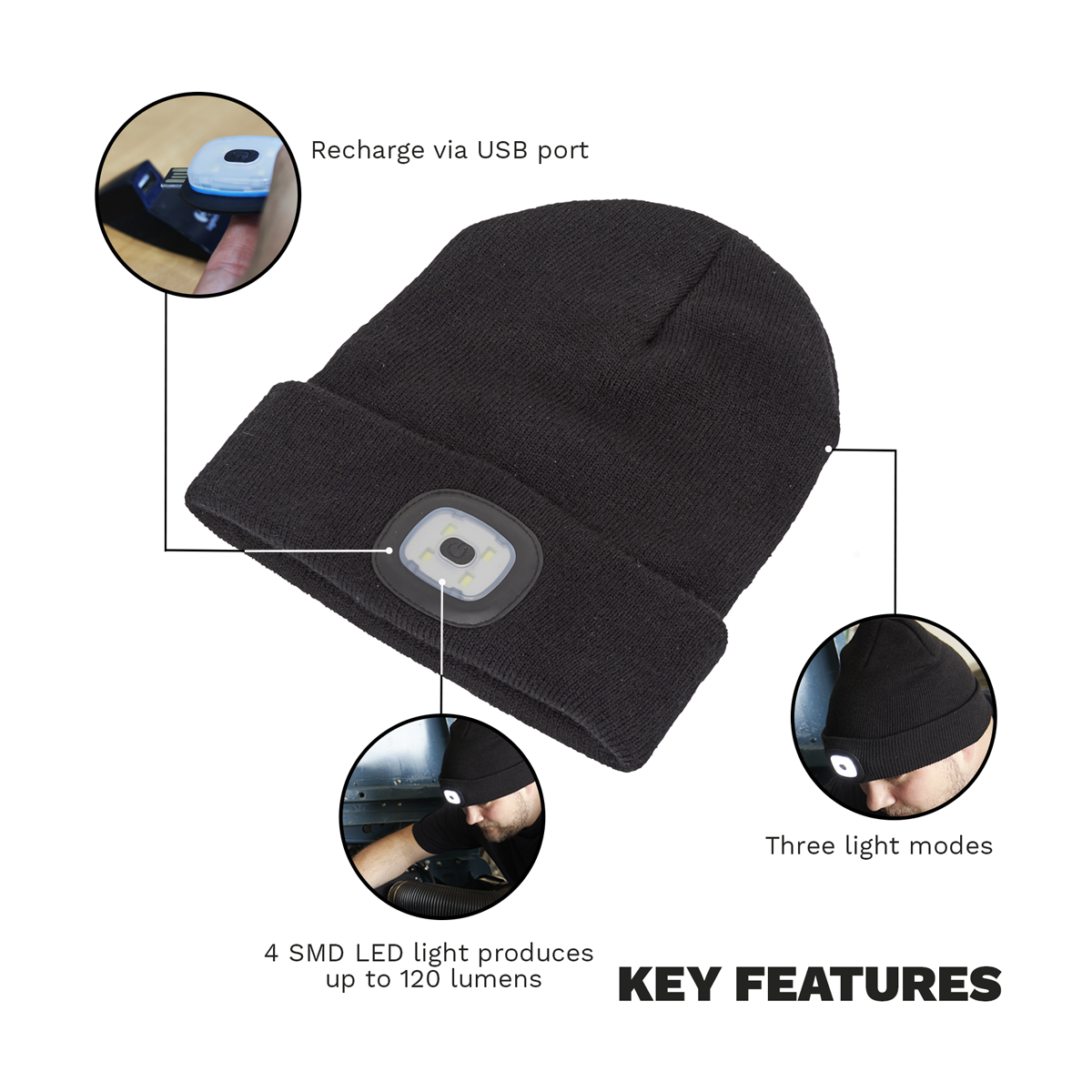 Sealey LED185 Rechargeable USB Beanie Hat 1W SMD LED