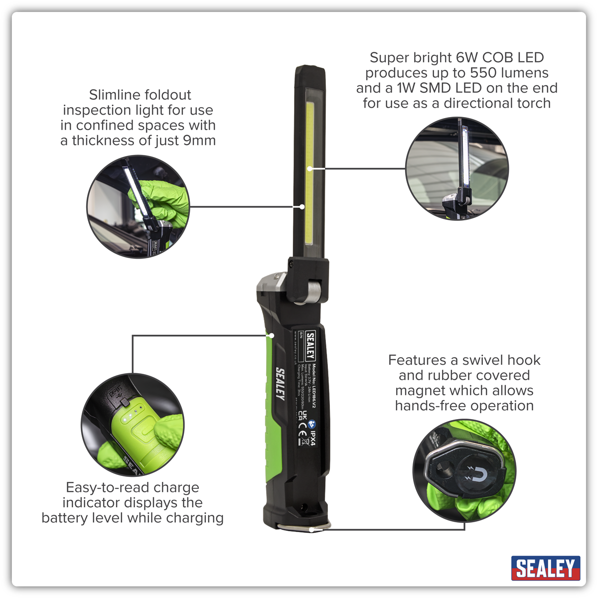Sealey LED186 Rechargeable Slim Folding Inspection Light 6W COB LED & 1W SMD LED Lithium-ion