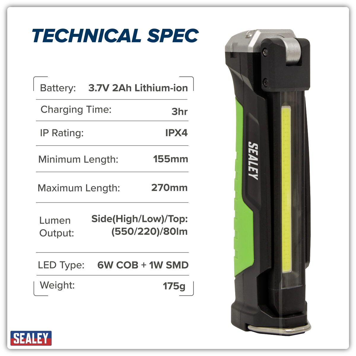 Sealey LED186 Rechargeable Slim Folding Inspection Light 6W COB LED & 1W SMD LED Lithium-ion