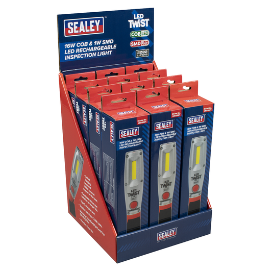 Sealey LED2001DB LED Twist® Rechargeable Inspection Light 16W COB & 1W SMD LED - Display Box of 12