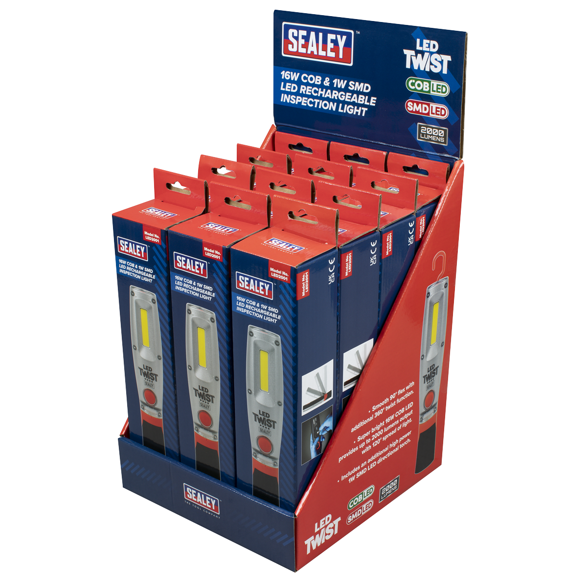 Sealey LED2001DB LED Twist® Rechargeable Inspection Light 16W COB & 1W SMD LED - Display Box of 12